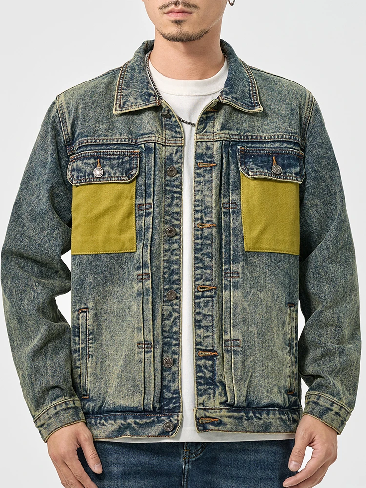 

New high-end casual denim jacket men's high street tide vintage blue color collision pockets loose jacket big size workwear tops