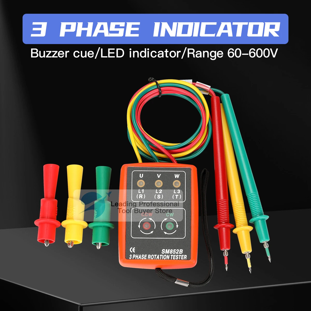 SM852B 3 Phase Rotation Tester Digital Phase Indicator Detector LED Buzzer Phase Sequence Meter Voltage Tester Tools 60V~600V AC