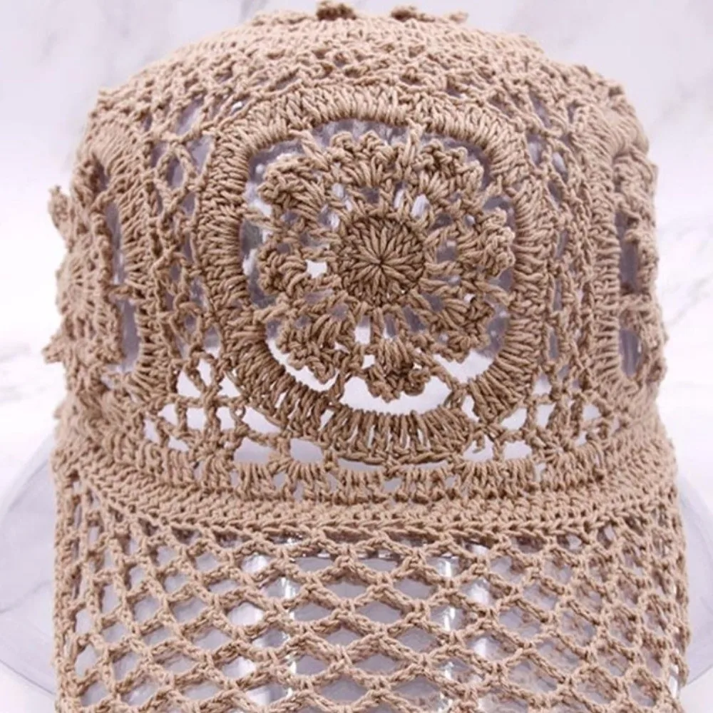 Versatile Adjustable Crochet Baseball Cap Polyester Openwork Sun Hat Lightweight Breathable Mesh Peaked Cap Spring Summer