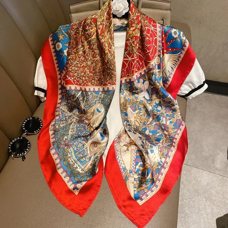 

Light luxury 90CM silk-like scarf imitatingly printed with black and white stripes large square shawl New Year gift