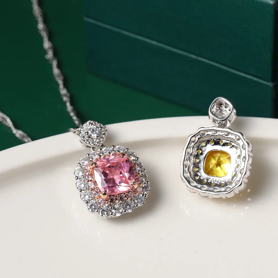 Buyee 925 Sterling Silver Classic Stone Pendant Chain 9mm Cushion Crystal & Zircon Necklace for Women Wedding Fine Jewelry Chain