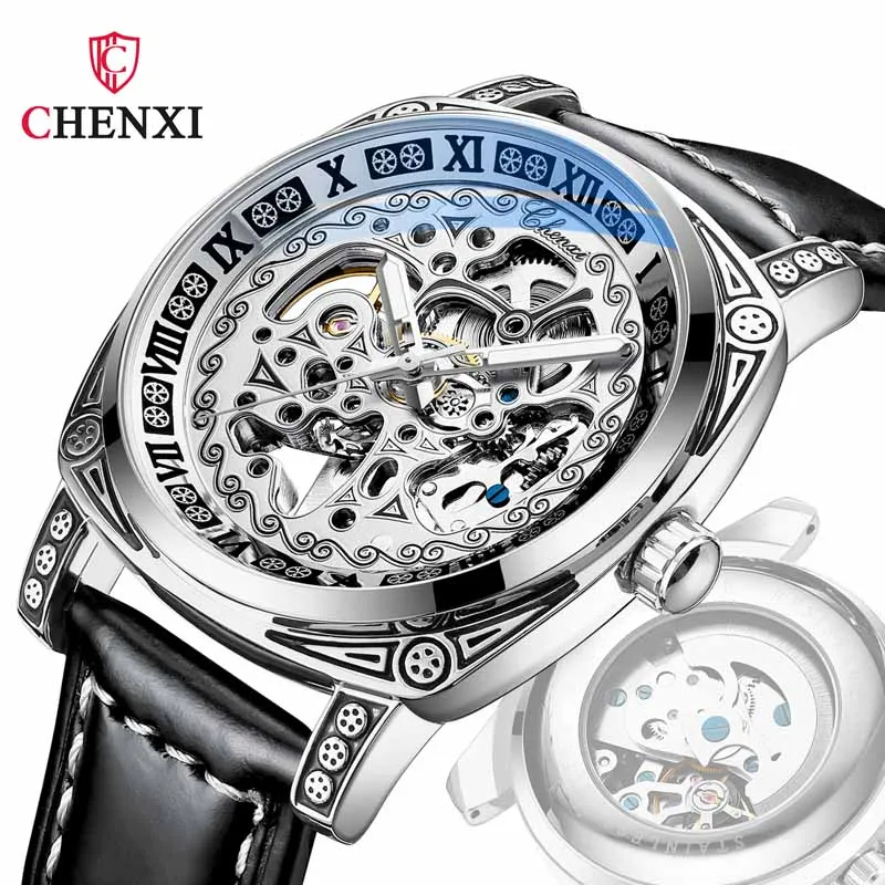 CHENXI 8825 Top Brand Transparent Fashion Case New Casual Design Leather Steel Mens Watches Luxury Mechanical Skeleton Watch