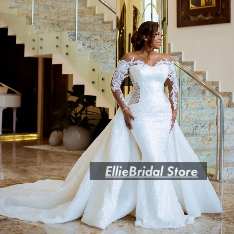 

African Women Wedding Dresses For Brides Overskirt Sequin Mermaid Bridal Gowns Long Sleeves robe de mariée Customized