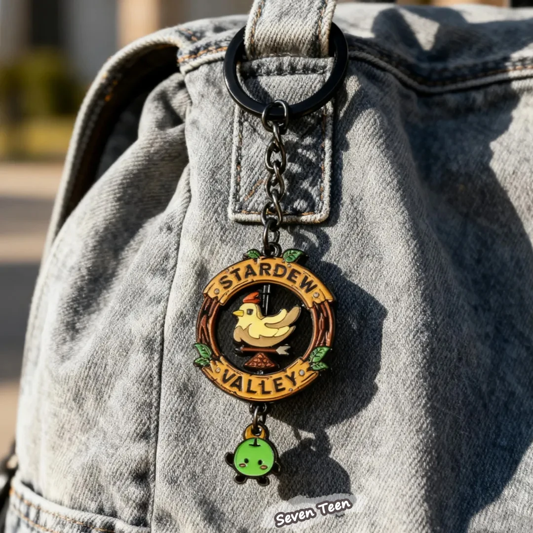 Llavero giratorio Township con diseño de pollo pixelado 2D, llavero con señal de tráfico, colgante Junimo Apple, adorno para mochila, regalo para niños