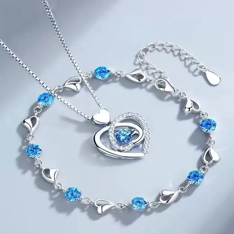 

Ожерелье-браслет из стерлингового серебра 925 пробы в форме сердца, комплект ювелирных изделий в стиле ретро для женщин и девочек, корейский синий комплект ювелирных изделий с кристаллами, оригинальный подарок на вечеринку