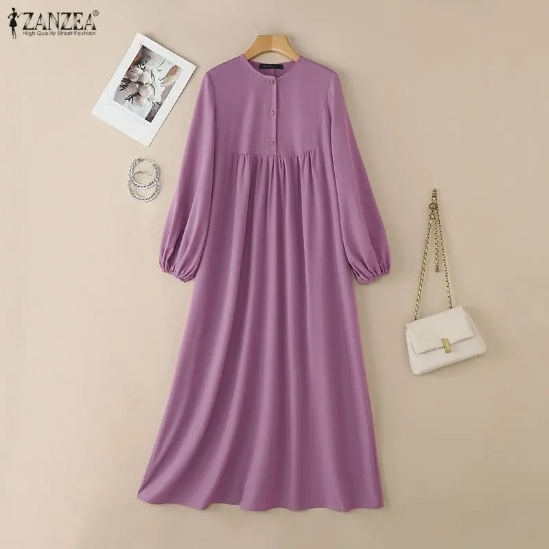 ZANZEA Fashion Muslim Abaya Women Maxi Long Dress 2026 Elegant Casual O Neck Long Sleeve Solid Peated Sundress Kaftan Robe Femme