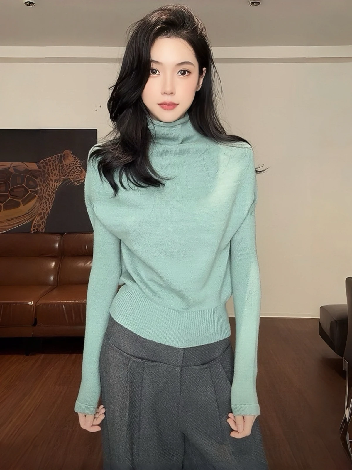 

Женский вязаный свитер с высоким воротником и рукавами «летучая мышь», базовый слой, французский стиль, облегающий крой, из полиэфирного волокна, осень-зима