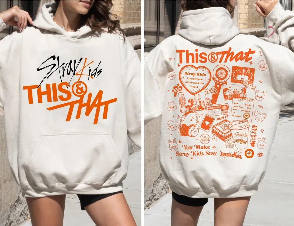 Stray Kids This That World Tour Graphic Hoodie Front Back Collage Print Kpop Fans Men and Women Long Sleeve Pullover Sweatshirt