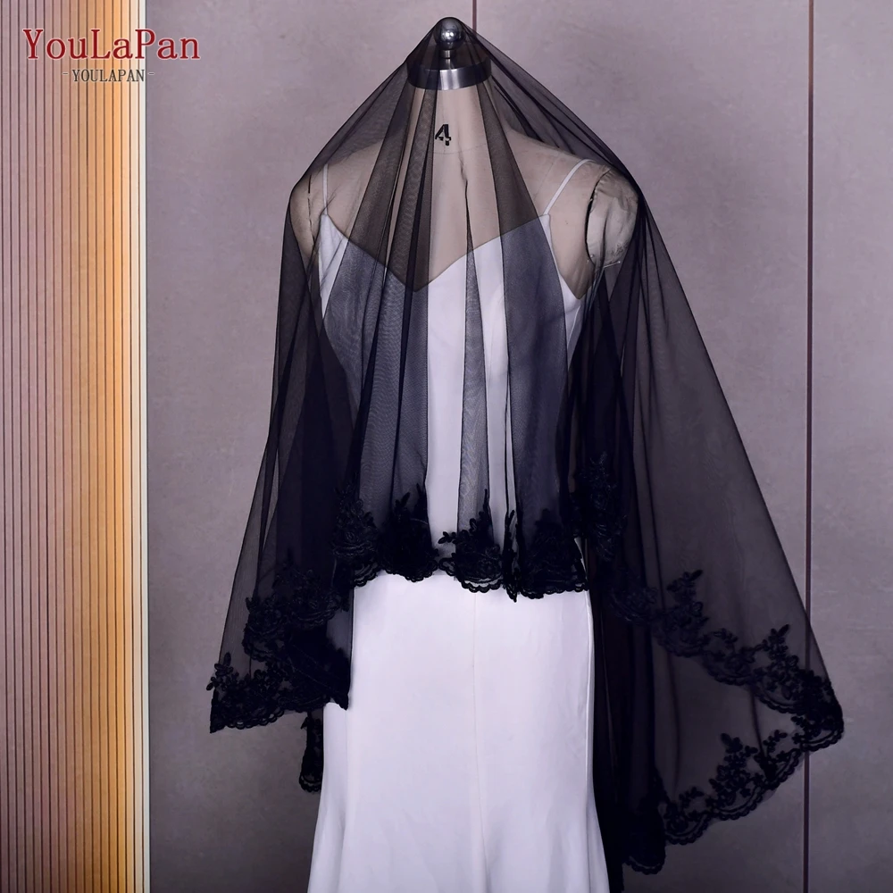 Yulapan v65 véus de casamento preto borda do laço véu de noiva 2 camada macio véu gota espanhol mantilla estilo romântico acessórios de casamento