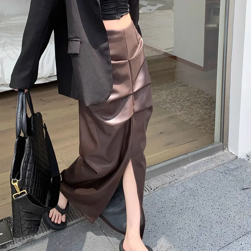Women High Waist Ruched Split Faux Leather Maxi Skirts Slim Wrap Hip Autumn Winter New PU Leather Vintage Streetwear Long Skirts