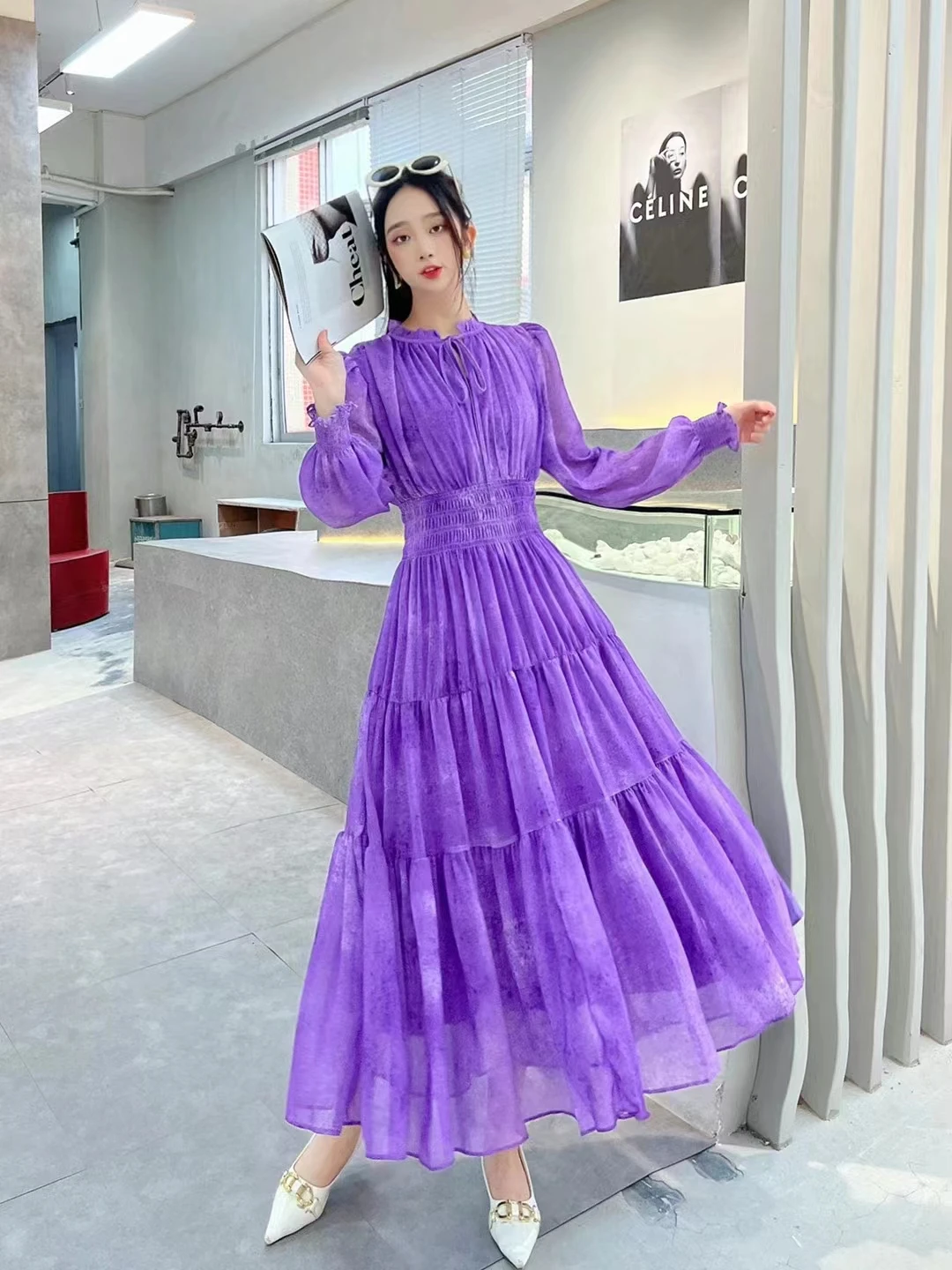 2023 New Spring Summer Women Long Sleeve Slim Long Dress High Quality Designer Fashion Tie Dye Elegant Evening Dress
