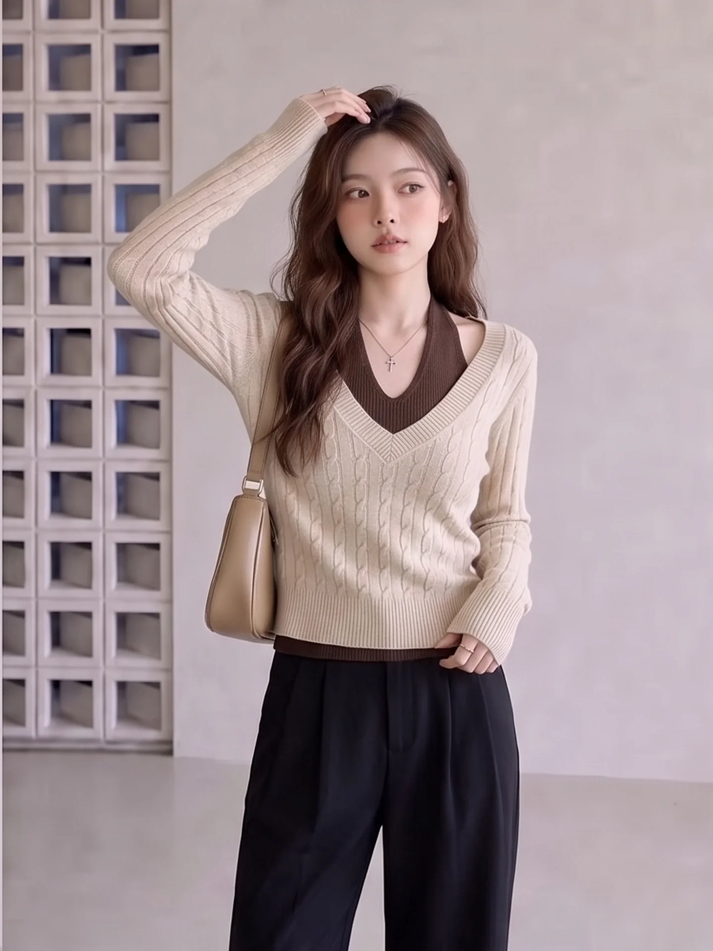 Early Autumn Korean Style Lazy V-Neck Shoulder Bared Linen Texture Knitted Sweater Women's Pure Desirable Gentle Wind Slimmin...