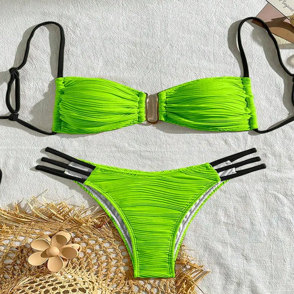 

2Pcs/Set Women Bikini Set Sling Bandeau Padded Bra Wrinkle Texture Briefs Set Patchwork Color Split Swimsuit Beach Holiday Wear