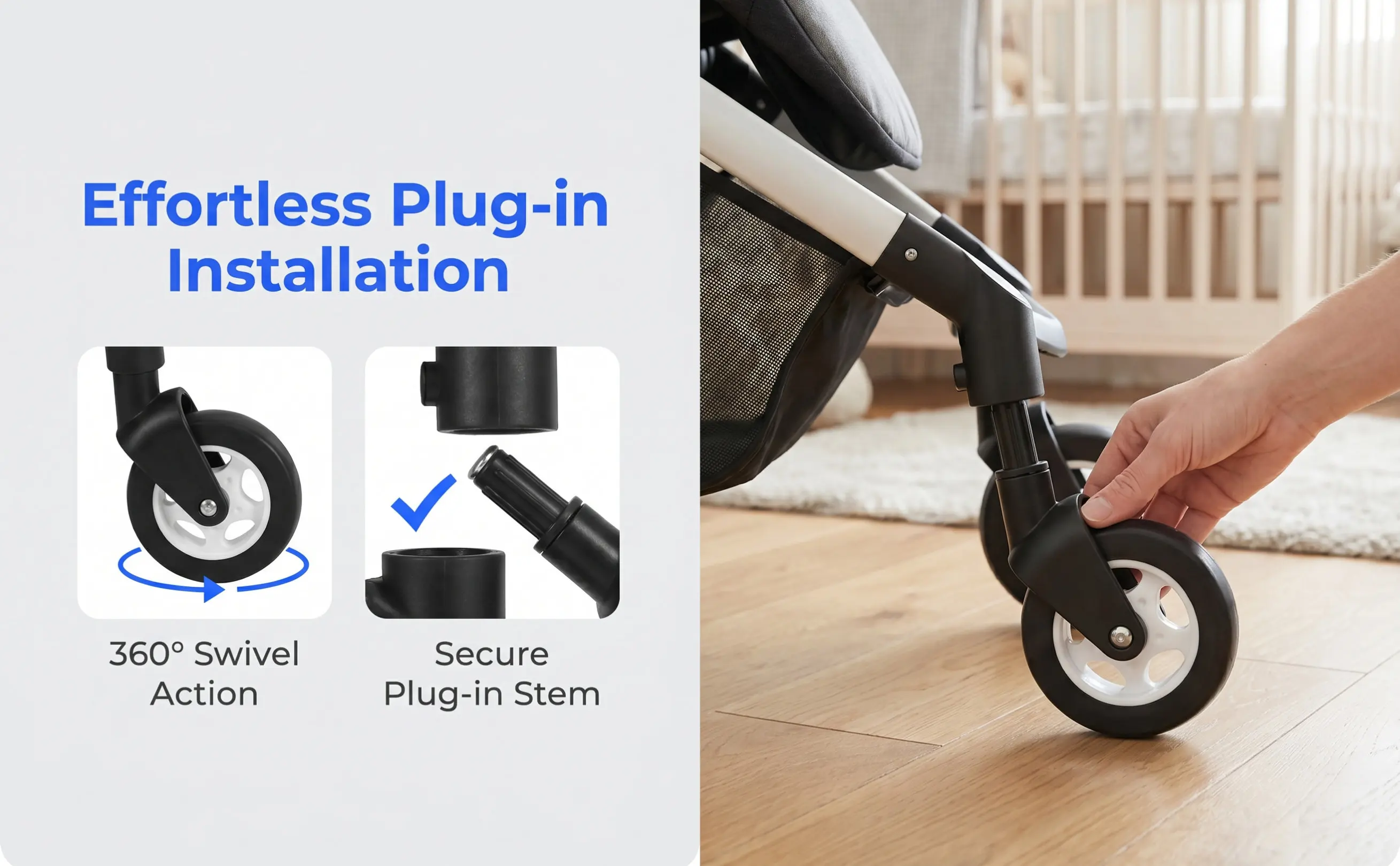 Stroller Replacement Wheels 4 Pack Quiet Smooth Swivel Casters Easy Detach Plastic Walker Accessories