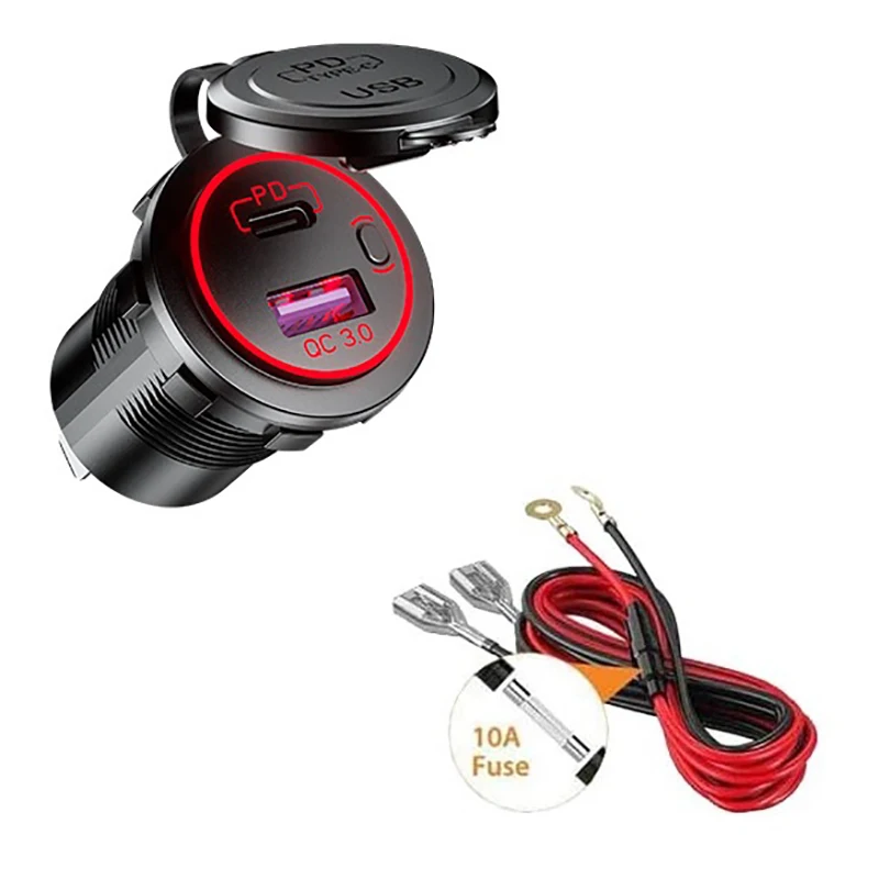 PD Type C USB Car Charger and QC 3.0 Quick Charger 12V Power Outlet Socket with ON/Off Switch for Motorcycle RV