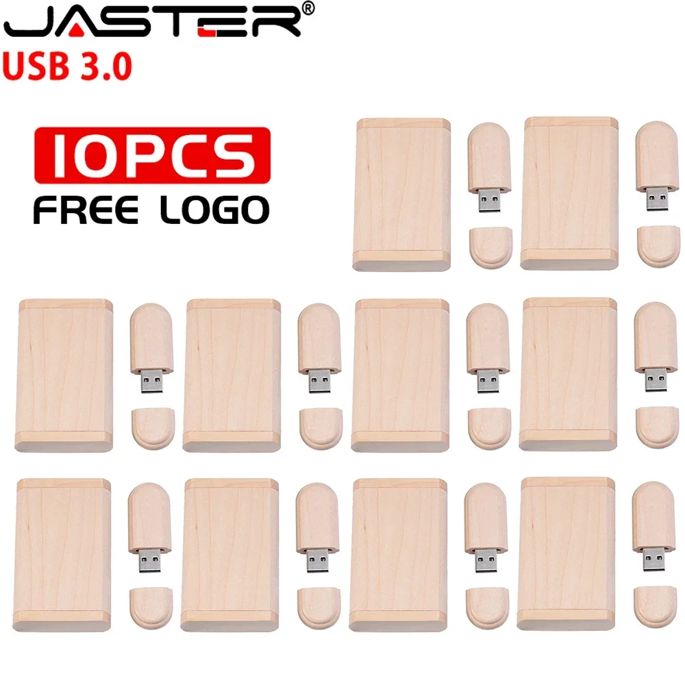 JASTER 10PCS/LOT Wooden USB 3.0 Flash Drive 128GB Pen drive 64GB 32GB with Box Memory Stick Creative gift U disk 16GB for Laptop