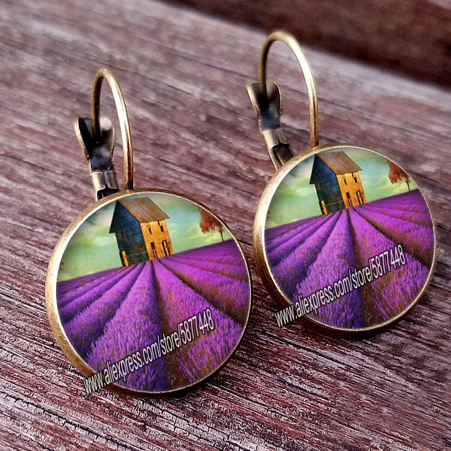 New Arrival Lavender Flower Women Stud Earring  Purple Flower Glass Cabochon Womens Earrings