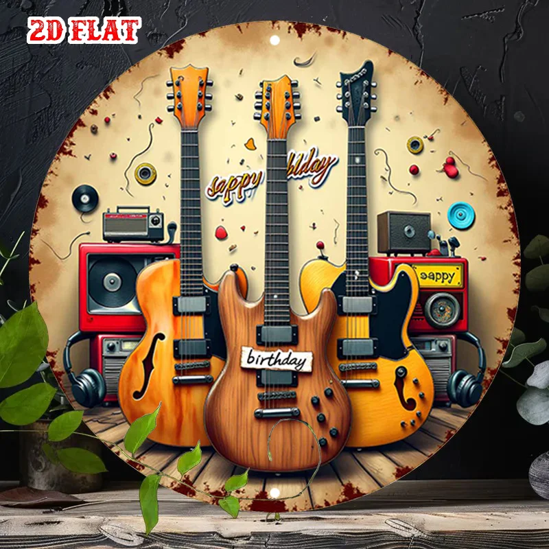 A 2D Flat Aluminum Sign Featuring a Guitar for Birthdays, Perfect for Celebrations. This Vintage-Style Round Plaque Serves As