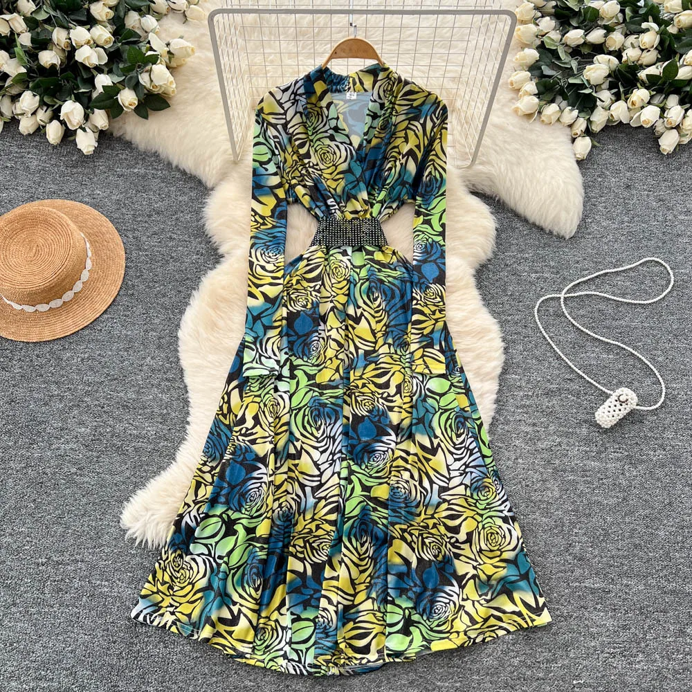 

Women Dresses Regular Dress Casual Print Long Sleeves V Neck Ankle Length Loose Waist Cinching Slight Strech Vestidos Summer