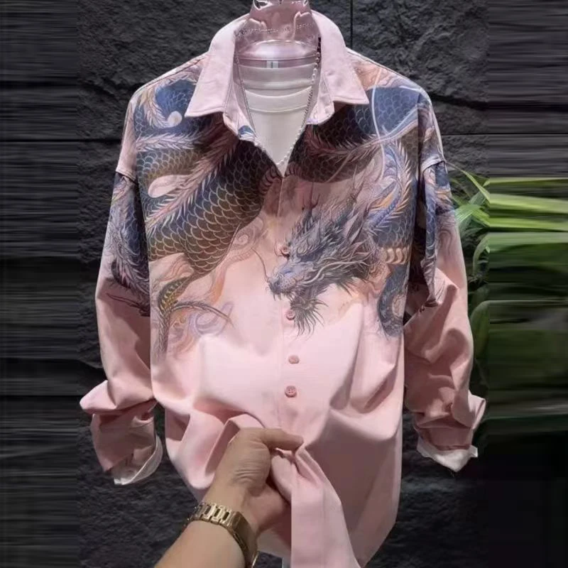 

Men's Clothing Chinese Style Vintage Dragon Print Button Up Shirt Spring Autumn Fashion Long Sleeve Loose Tops Camisas De Hombre