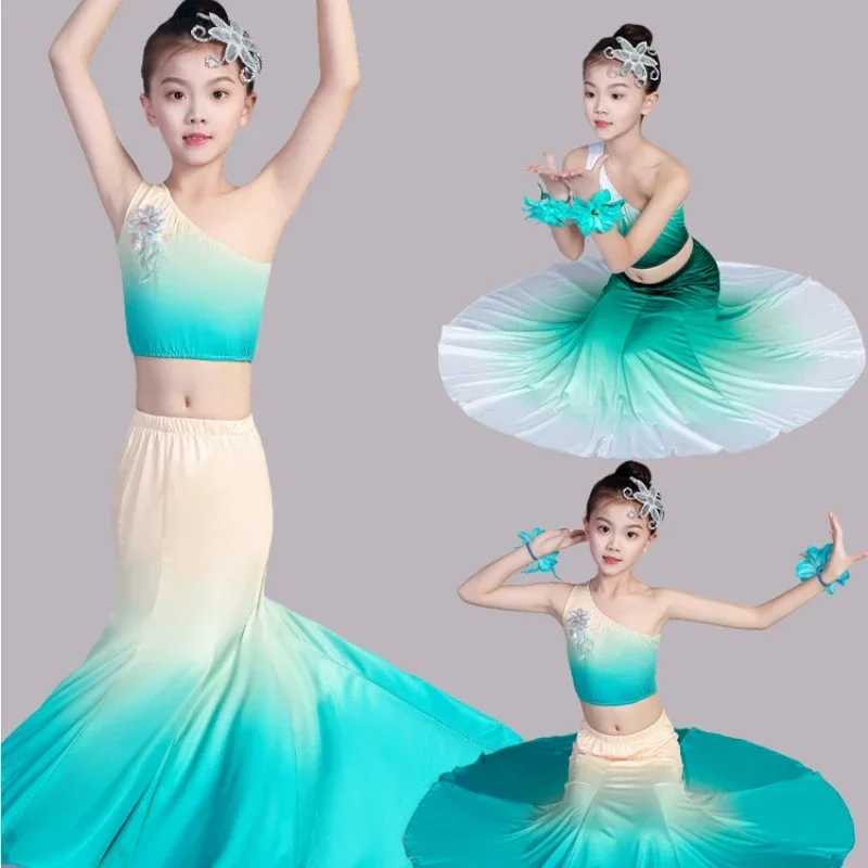 

Minority Dance Costume Peacock Stage Performance Clothing Fishtail Skirt Dai Dance Folk Costume Children Dai Dance Dress