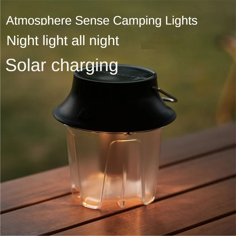 Solar camping light, portable camping flashlight, tent light, IPX4 waterproof, infinite dimming, retro atmosphere