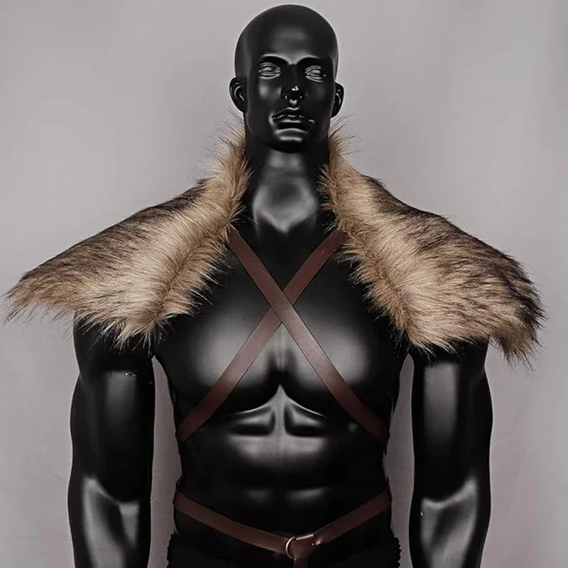 

Medieval Men Faux Fur Collar Cape Shoulder Cloak with Chest Strap Winter Clothing Retro Viking Warrior Cape Halloween Cosplay
