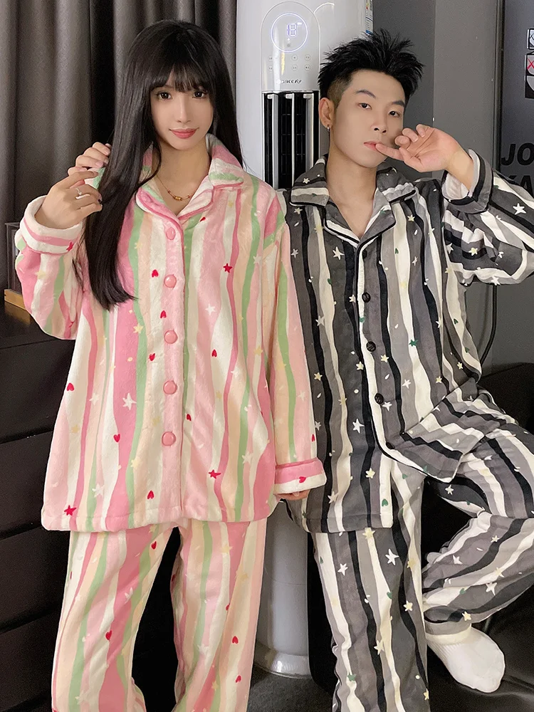 طقم ملابس نوم من DAIMELU بيجامات للزوجين مخططة للخريف والشتاء من الصوف المرجاني من الفلانيل بدلة استحمام رجالية دافئة سميكة