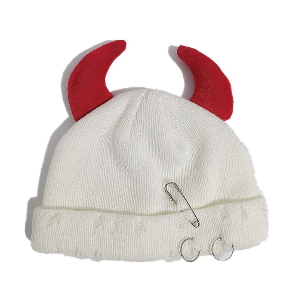 Personalized Yarn Devil Horns Hat Solid Color Distressed Winter Pullover Cap Warm Adjustable Knitted Beanie Halloween Cosplay