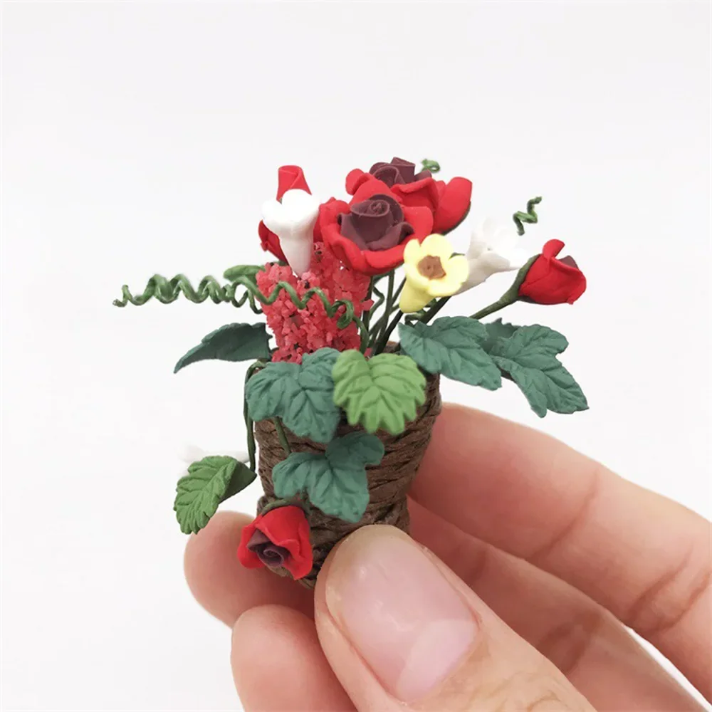1/12 인형 집 미니어처 화분 빨간 장미 미니 꽃 모델 장난감 인형 집 액세서리 장식 ob11 bjd
