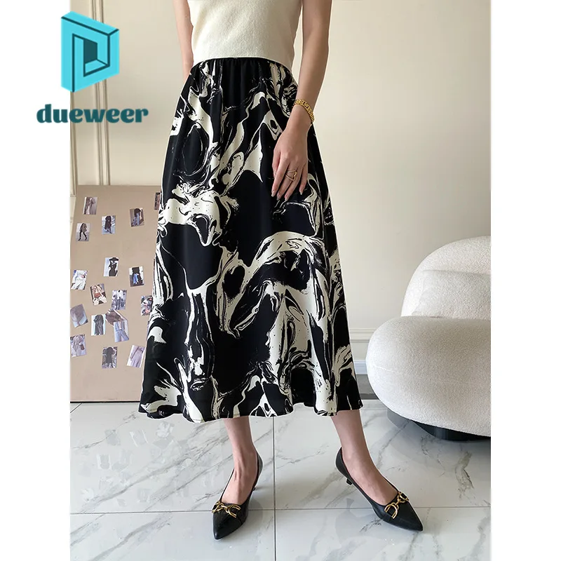 

DUEWEER Women's Midi Ink Retro Skirt Fairy Grunge Summer Black Khaki Skirt Gothic y2k Streetwear Aesthetic Japanese Fashion