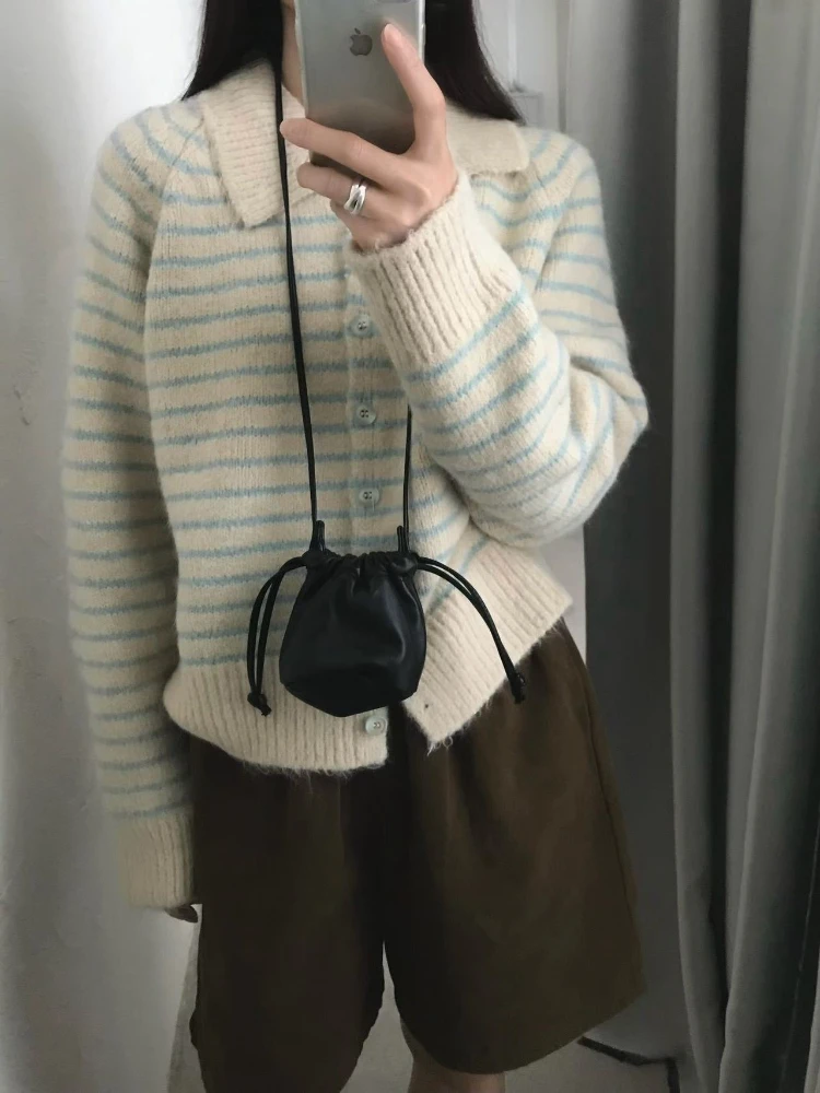 Cardigan Women Sweaters Coats Striped Turn Down Collar Jumpers Coat Y2k Streetwear Elegant Splice Knit Open Stith Autumn Winter