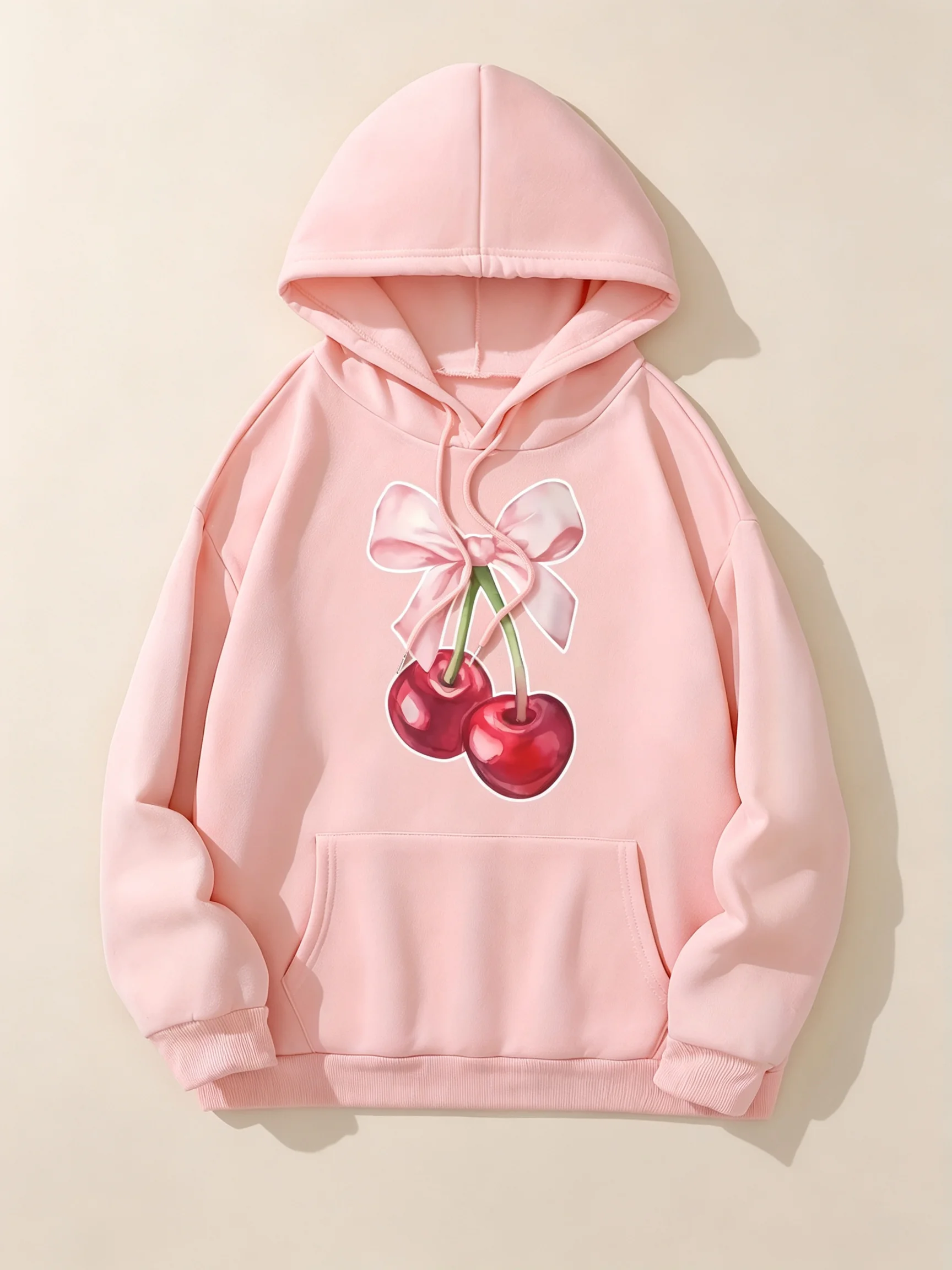 Women Casual Cherry Print Hoodie, Long Sleeve Knit Hooded Sweatshirt, Fruit & Vegetable Pattern For Autumn Winter Collection