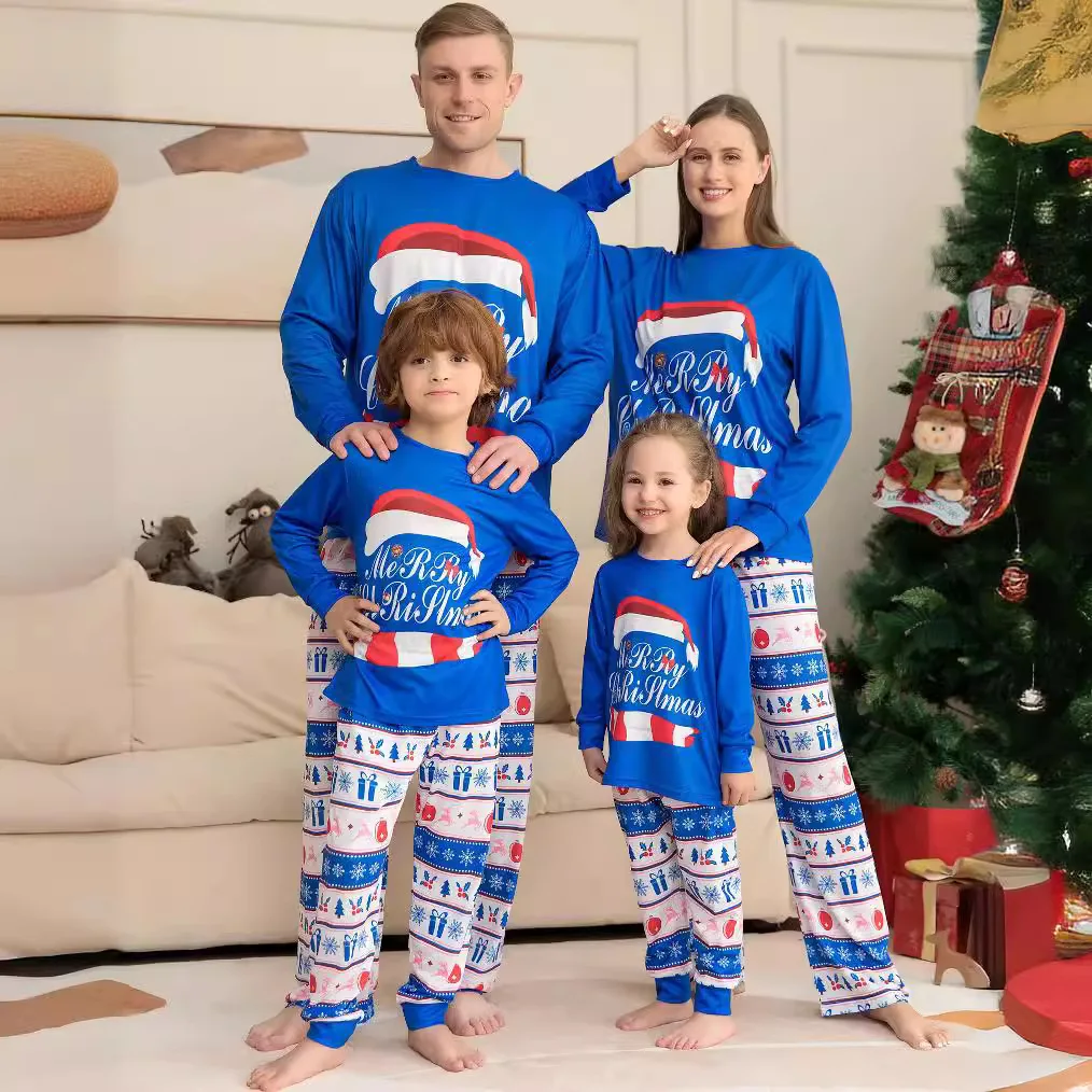

Blue striped lettered home wear, Christmas parent-child outfits, Autumn / winter family pajama sets and baby jumpsuits