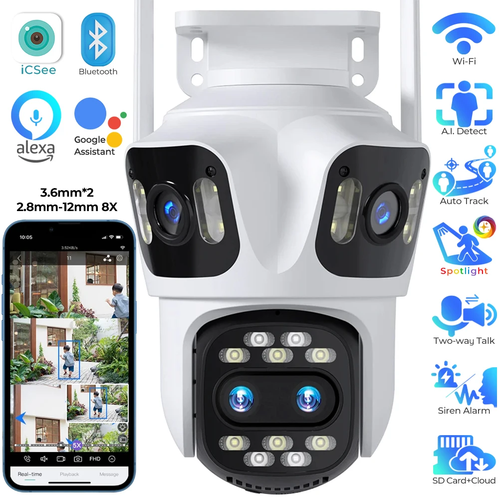 4 Lens Outdoor Wifi Security Camera 8X Hybrid Zoom Auto Tracking WiFi PTZ Camera Color Night Vision Surveillance Camera ICSee