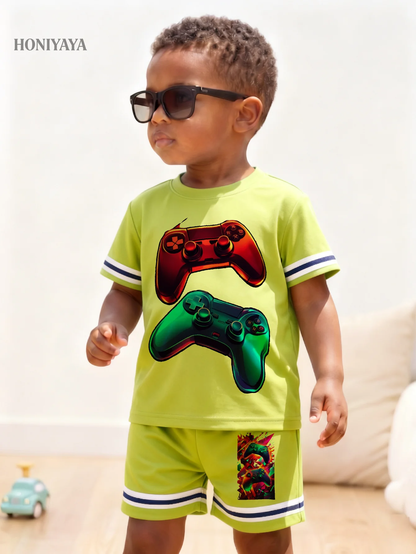 Conjunto de Roupas para Meninos com Estampa de Controle de Videogame, Camiseta de Manga Curta e Calções, Roupas de Verão Macias