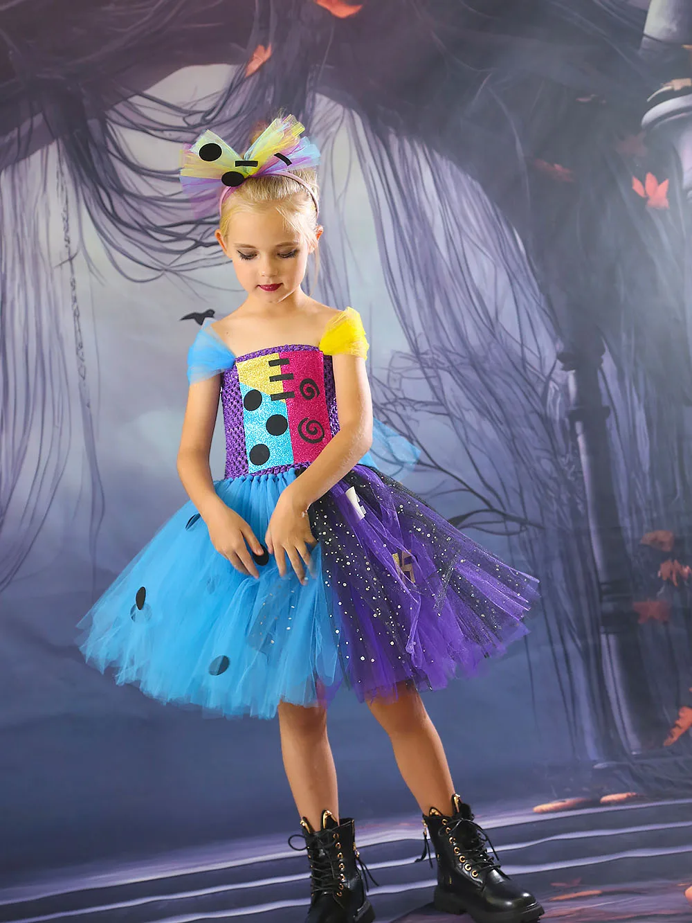 The Nightmare Before Christmas Sally Costume Tutu Dress with Headband Christmas Fancy Dress Up Deluxe Costume Kids Party Dresses