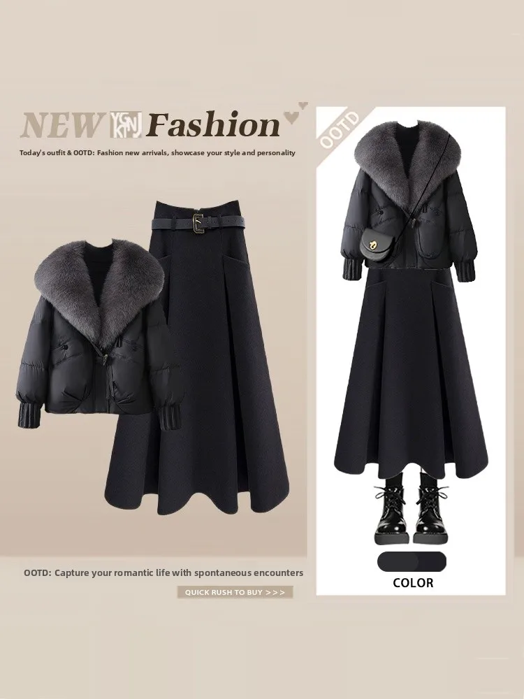 

Bla Fur Collar Loose ort Cotton Jaet Women's Winter New Sle Maturi Aosphere Large Skirt f Skirt Faion Set