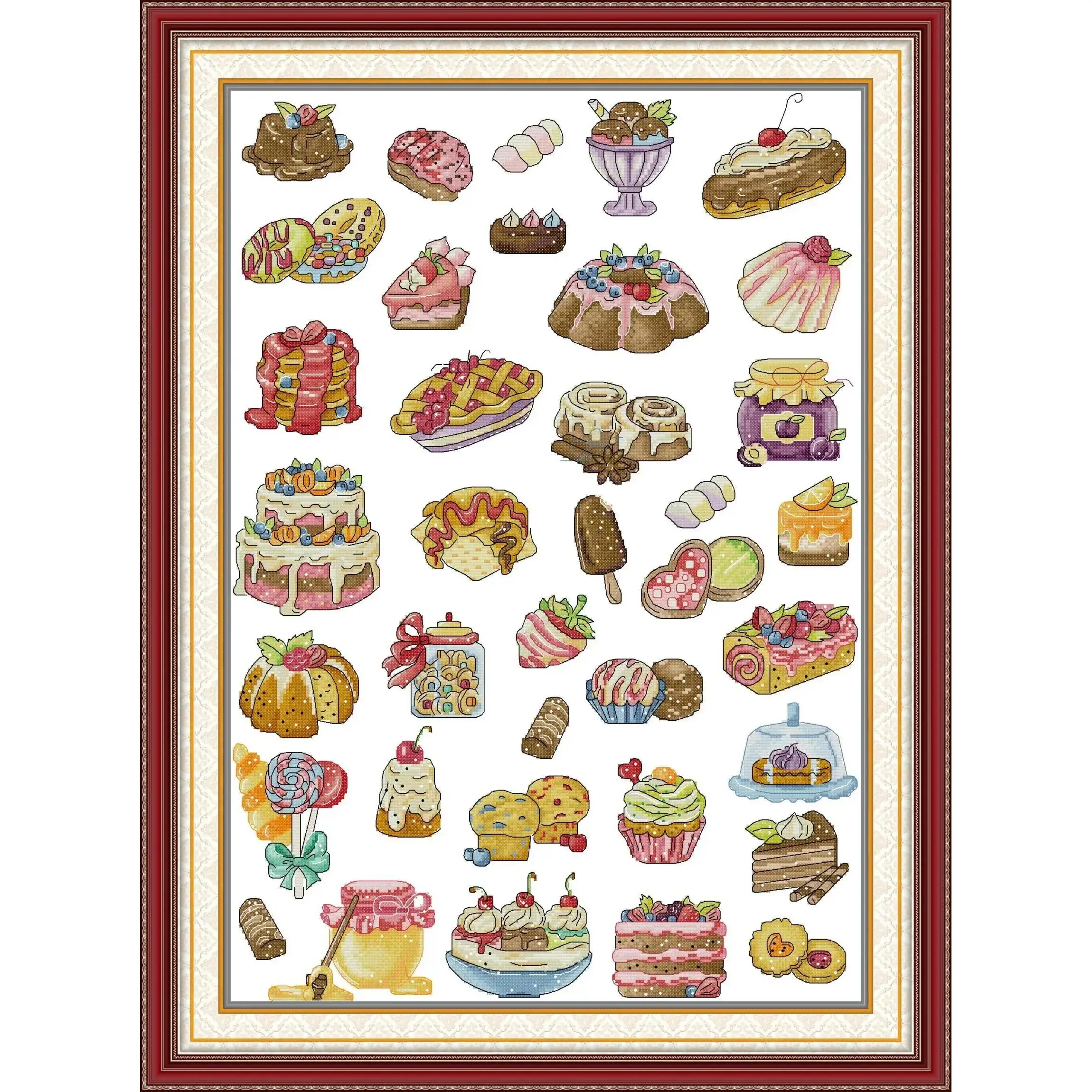 Joy Sunday Pre-printed Cross Stitch Kit  Easy Pattern Aida  Stamped Fabric Embroidery Set-Love of Desserts