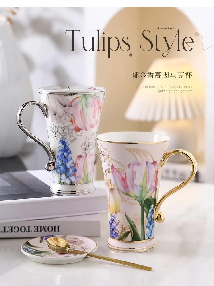 

Пасторальные керамические кружки-тюльпаны, чашки с ручкой, кружка, крышка, ложка для воды, бытовой чай