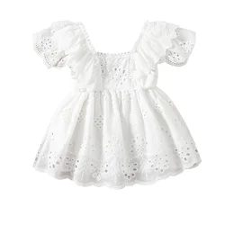 Newborn Girl Short Sleeve Dress Solid Color Hollow Out Ruffles Decor Sweet Dress Casual Simple  Clothes