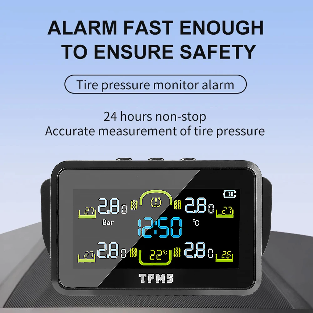 Solar TPMS Car Tyre Pressure Monitor With 4 External Sensors Temperature Warning Fuel Save T14-1 Tire Pressure Monitoring System