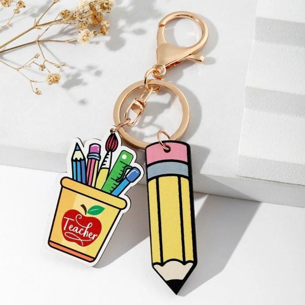 Wooden Pencil Rainbow Keychain English Letter Charm Teacher\'s Day Keychain Trinket Geometric Shape Teacher Education Pendant