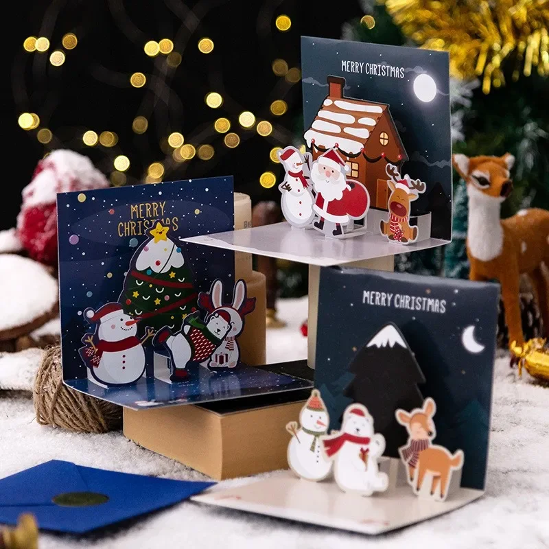 Simpatico biglietto pop-up natalizio 3D Pupazzo di neve Babbo Natale Amico Biglietti d'auguri Decorazione festival Cartolina di invito per feste di Capodanno