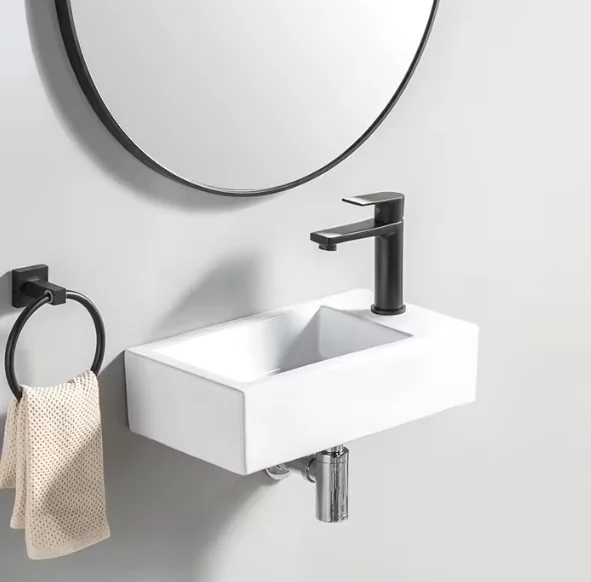 Modern Rectangular Stone Bathroom Sink Single-Hole Faucet Mount Polished Wall Hung Toilet Wash Hand For Small Bathrooms