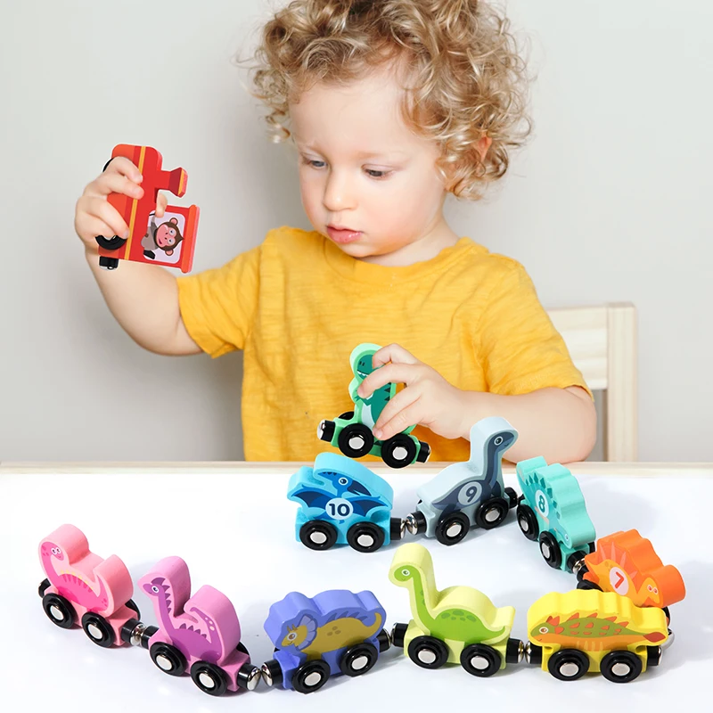 Toddler Dinosaur Toys for 3-6Y  Wooden Dinosaurs Train Set Montessori Educational Toys 11PCS Trains with Numbers for Kids Gifts