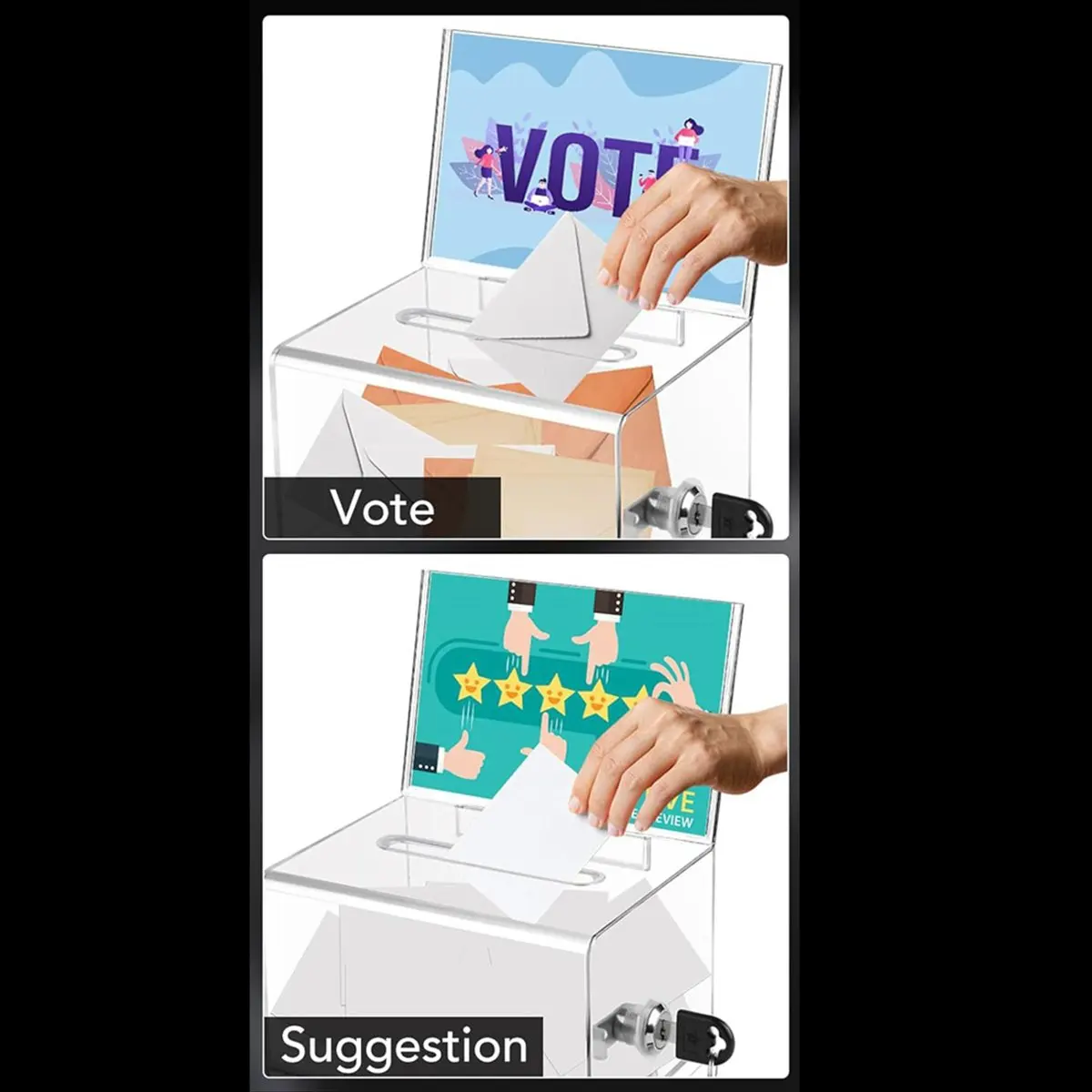 SSR Clear Donation Box with Lock,2 Pack Ballot Box with Sign Holder,Suggestion Box for Fundraising, Voting Box