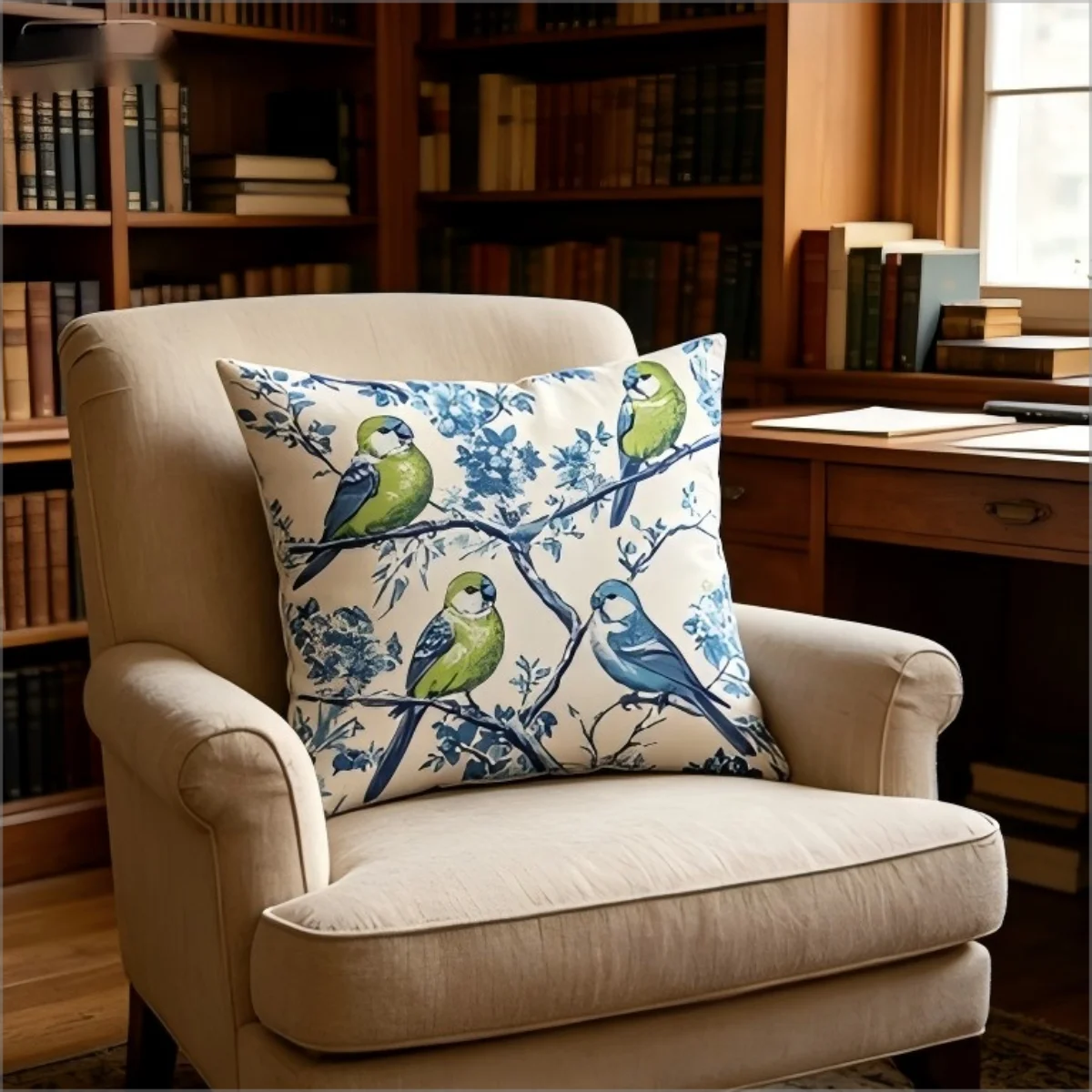 Vintage Blue Bird Floral Print Pillow Cover, Retro Botanical Parrot Cushion Case for Sofa Bedroom Living Room Home Decor