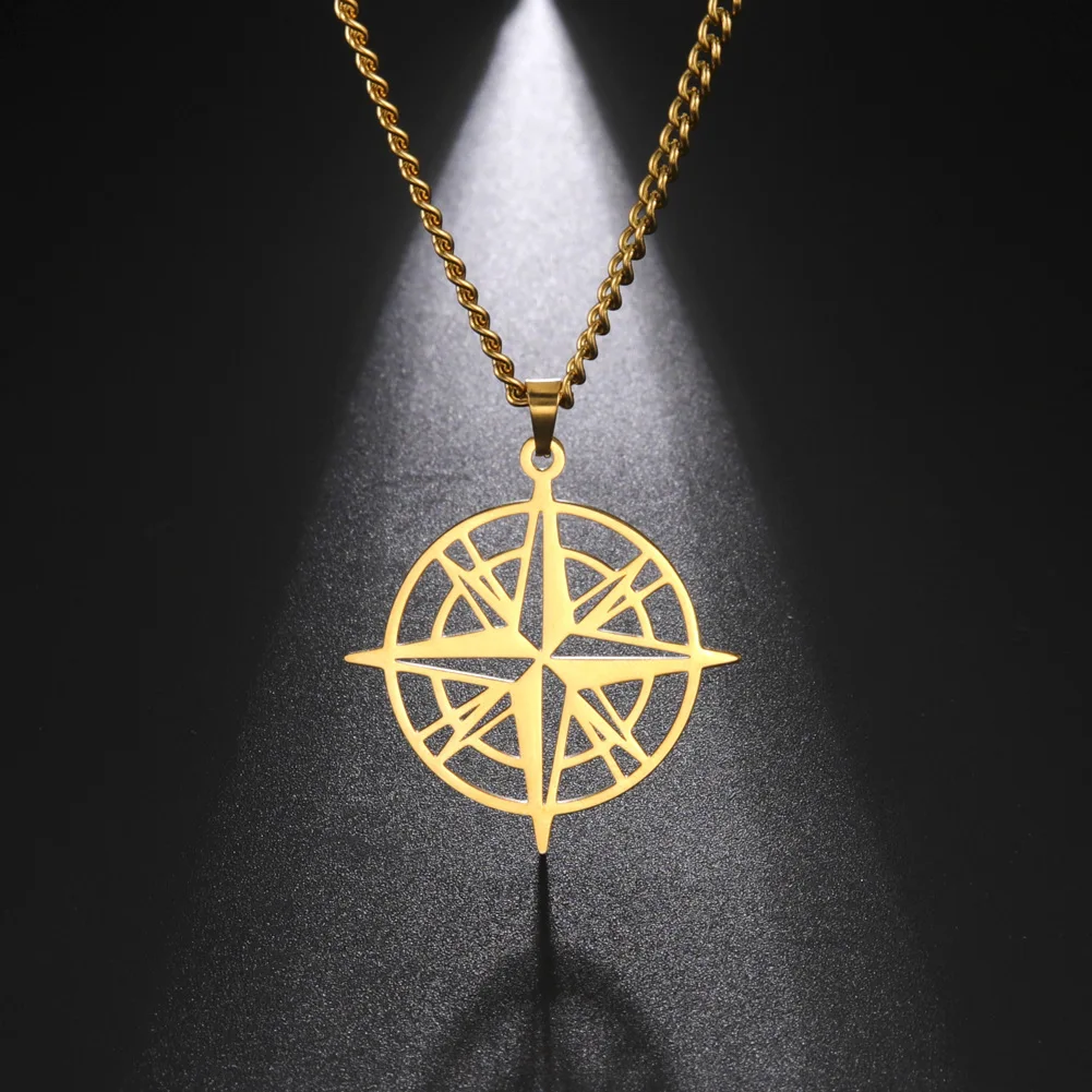 Jeshayuan Star Compass Pendant Necklace For Women Stainless Steel Hollow Double Layer Necklace Fashion Lucky Party Jewelry Gifts