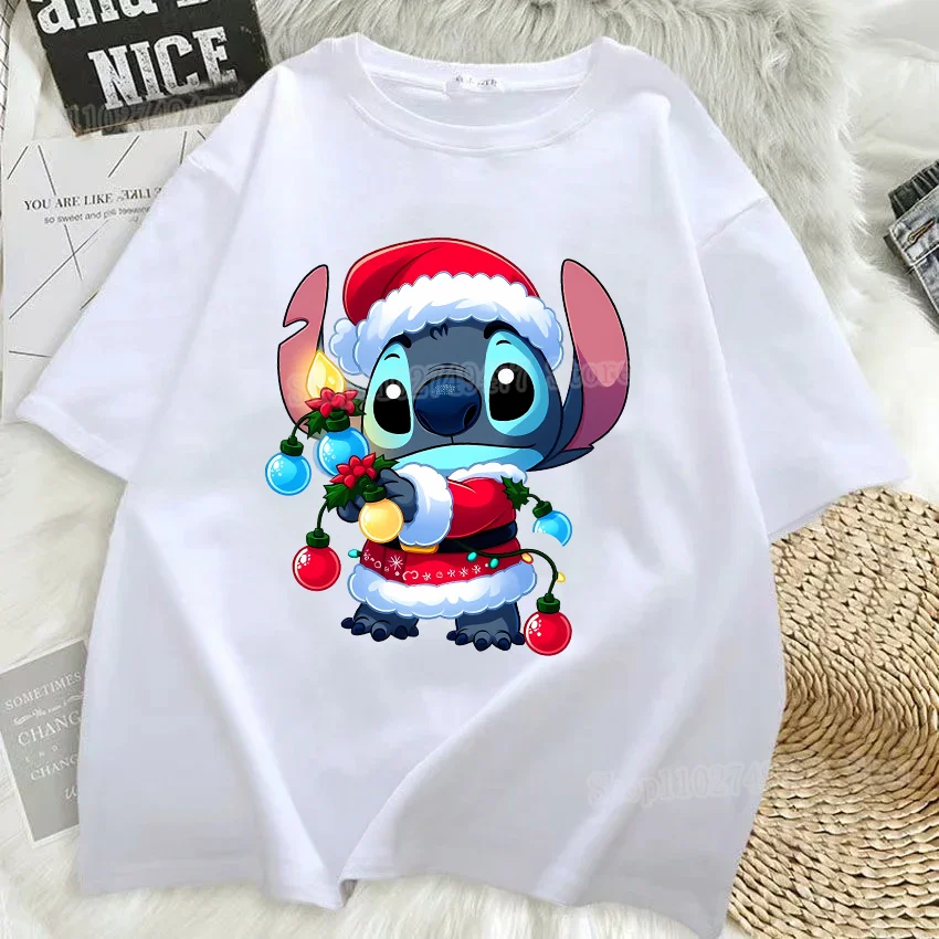 Christmas Disney Stitch T-shirt Cotton Short sleeved Top Xmas Day Printed Decoration Summer o Neck Breathable Clothing